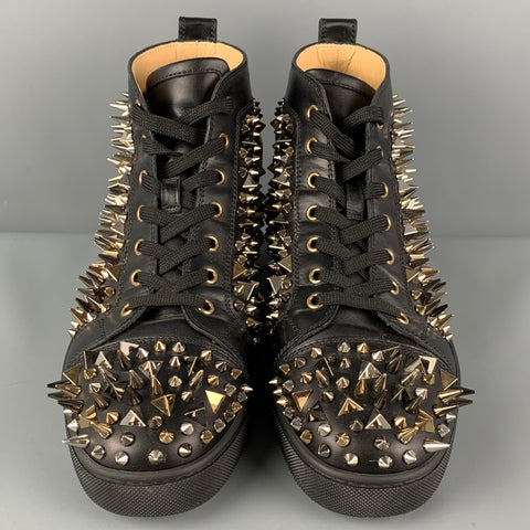 CHRISTIAN LOUBOUTIN Size 10 Black Gold Leather Louis All Over Spikes High Top Sneakers