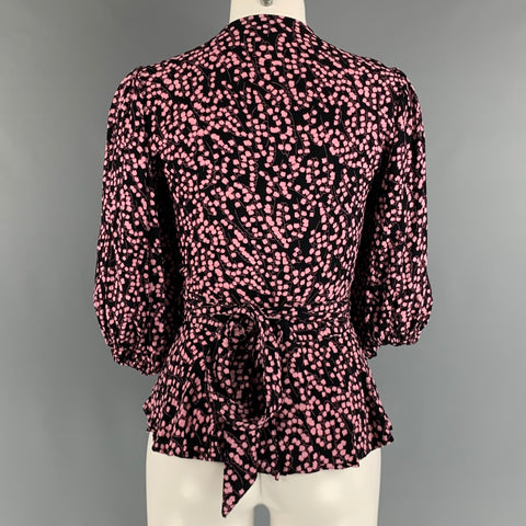 GANNI Size S Black Pink Viscose Floral Wrap Casual Top