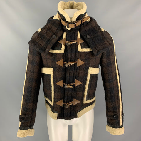 BURBERRY PRORSUM Fall 2011 Size 34 Brown & Cream Plaid Leather Shearling Blouson Jacket