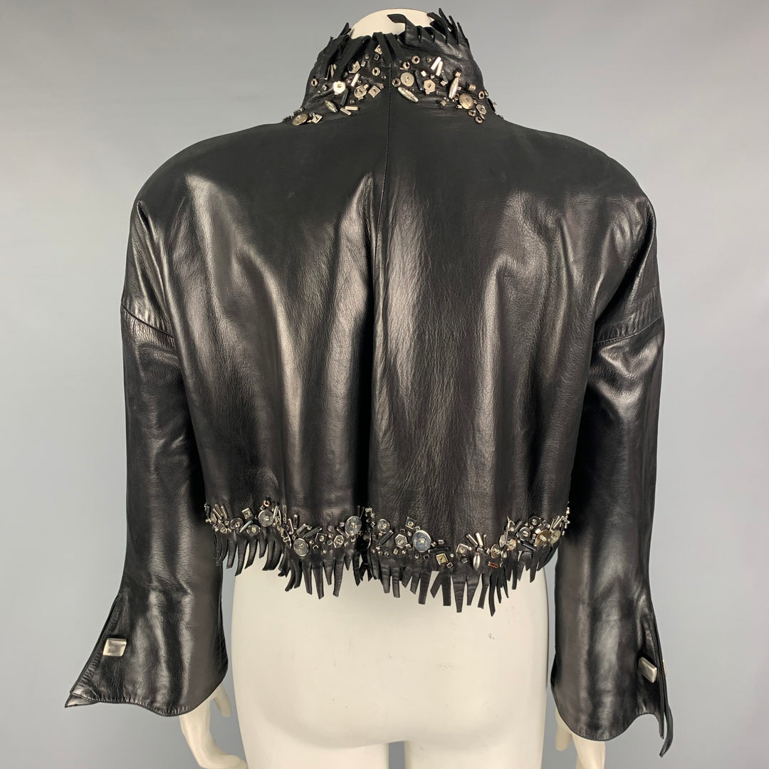 CLAUDE MONTANA Size 10 Black Leather Fringe Cropped Jacket