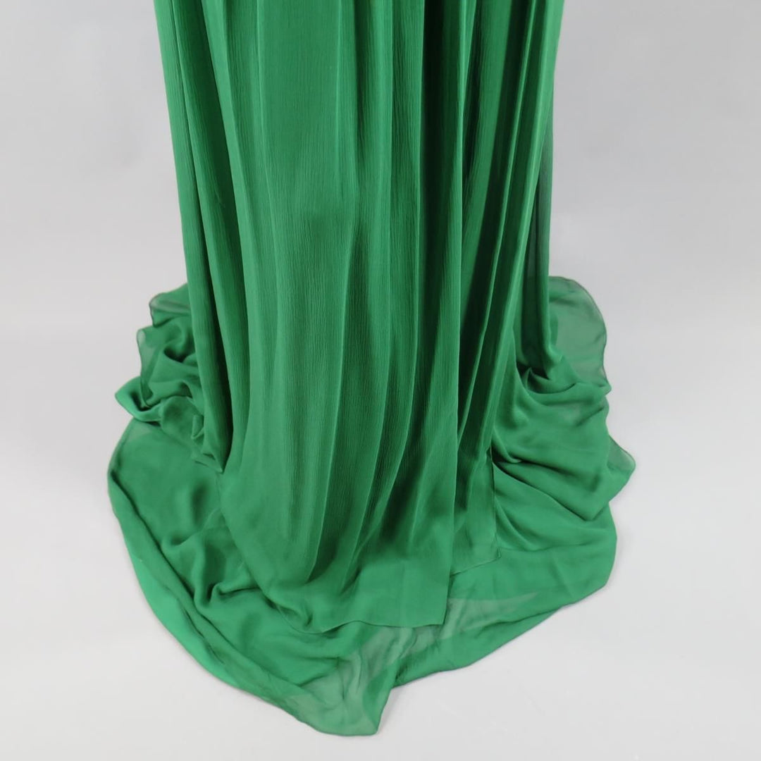 NAEEM KHAN Taille 8 Robe de soirée en soie vert émeraude à une épaule et taille en cristal