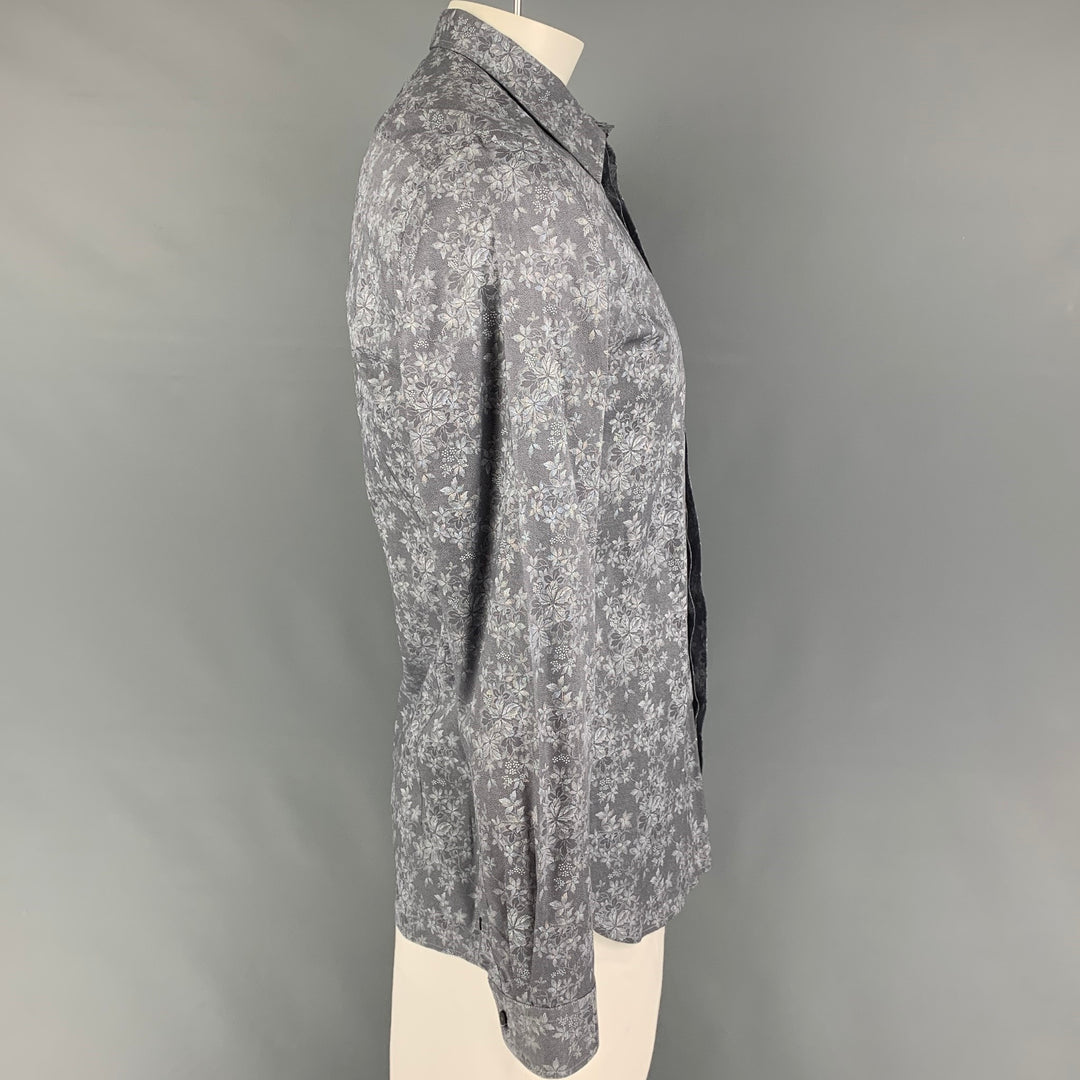 TED BAKER Size L Grey Floral Cotton Button Up Long Sleeve Shirt