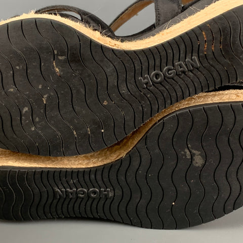 HOGAN Talla 6.5 Sandalias de cuña de alpargata de tela negra y beige