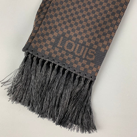 LOUIS VUITTON Black Brown Damier Silk Fringe Scarf