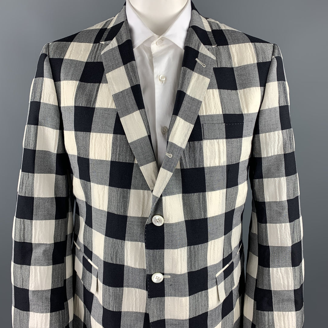 THOM BROWNE Size 50 Regular Black & Beige Checkered Wool Blend Sport Coat
