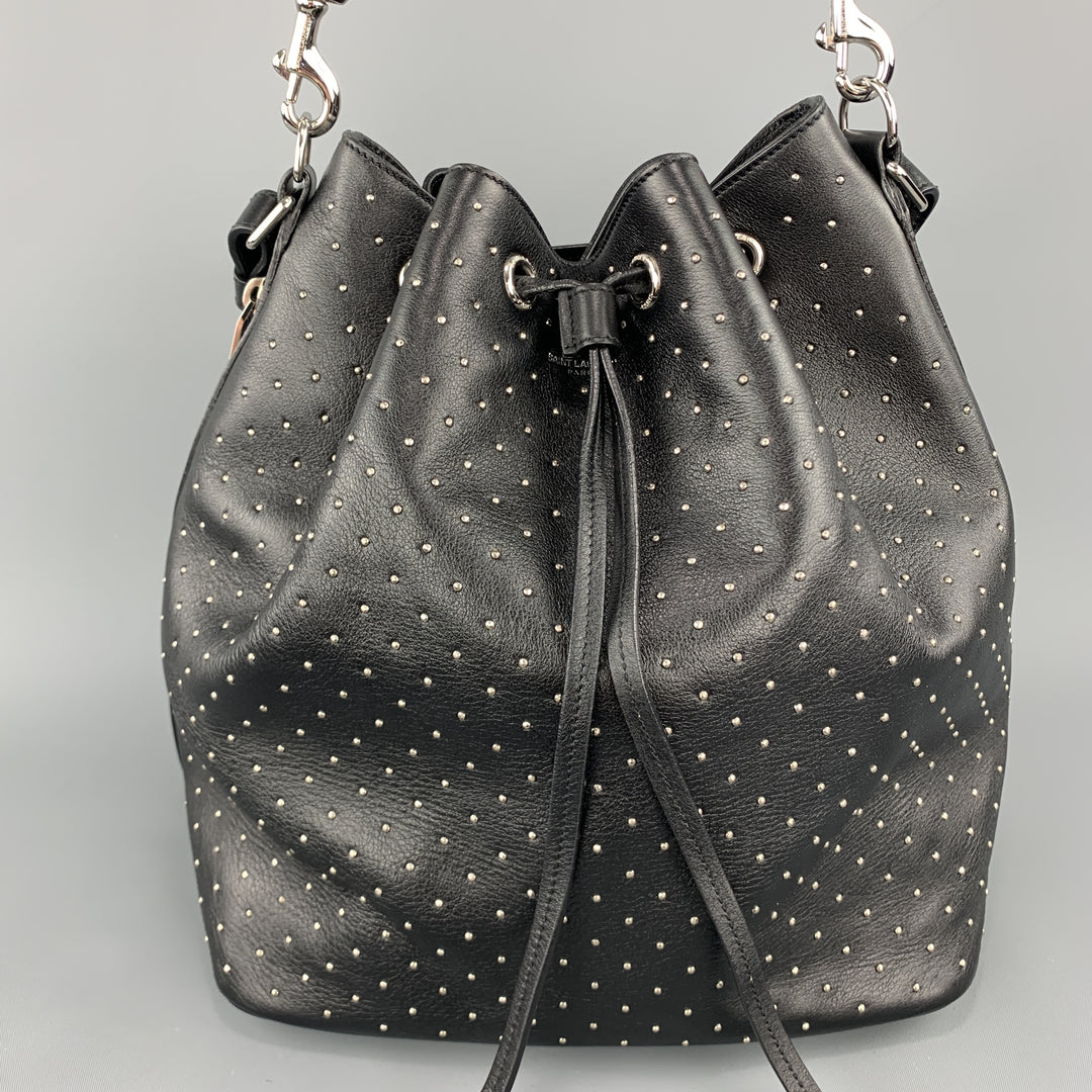SAINT LAURENT Studded Black Leather Emmanuelle Bucket Bag