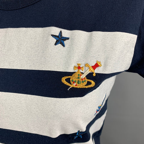 VIVIENNE WESTWOOD ANGLOMANIA Size S Navy & White Stripe Cotton Embroidered T-Shirt