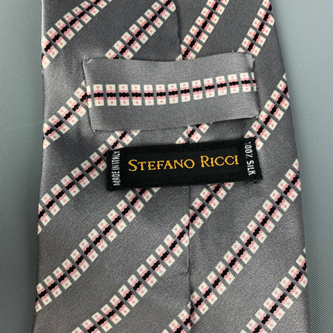 STEFANO RICCI Cravate en satin de soie carrés gris blanc rose