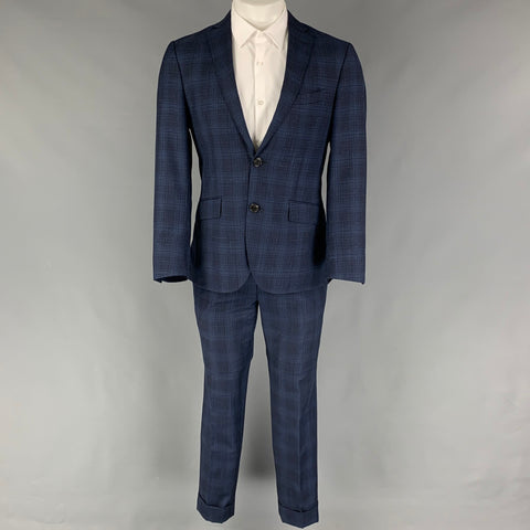 ETRO Talla 38 Traje con solapa de muesca en mezcla de lana a cuadros azul marino