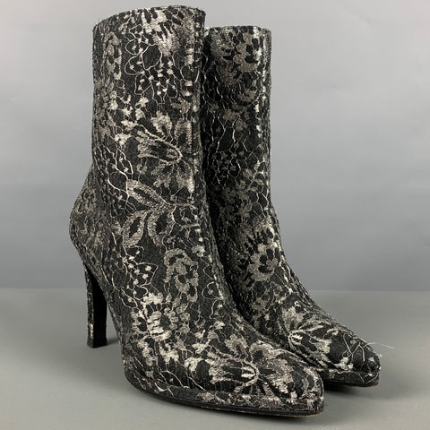 CHARLES JOURDAN Talla 5 Botas con cremallera lateral floral de cuero gris negro