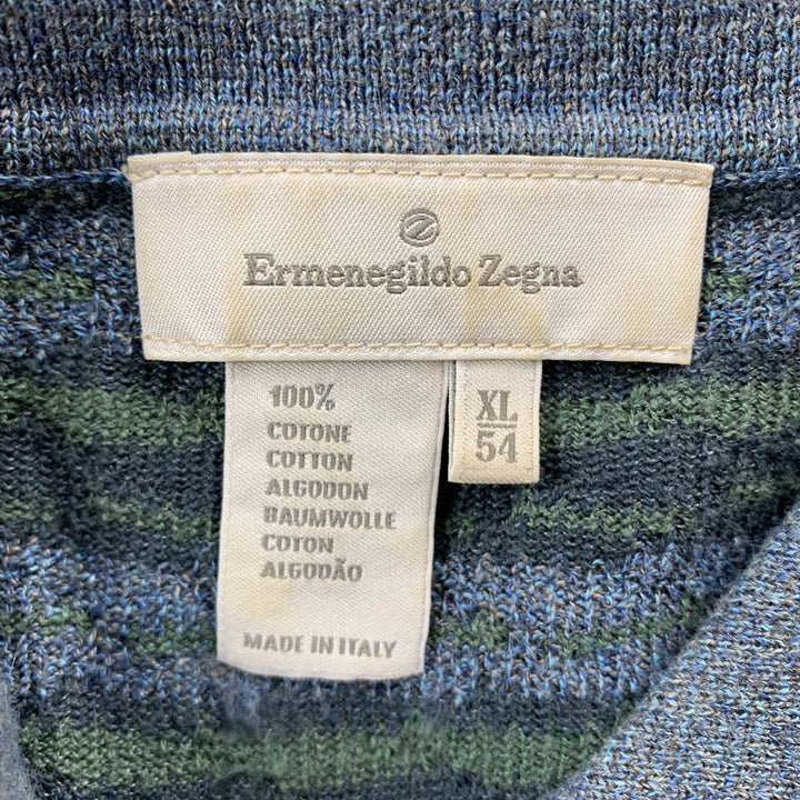 ERMENEGILDO ZEGNA Size XL Blue & Grey Knitted Cotton Buttoned Polo