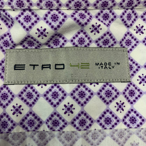 ETRO Size L Purple White Rhombus Cotton Button Up Long Sleeve Shirt
