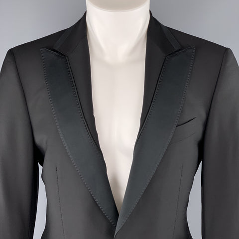 SALVATORE FERRAGAMO Size 40 Black Wool Satin Panel Peak Lapel Sport Coat