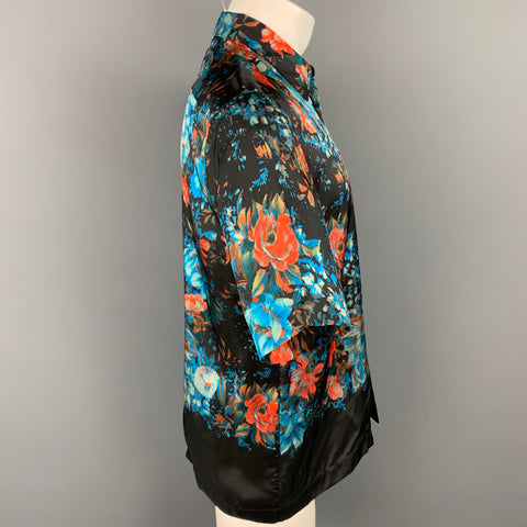 DRIES VAN NOTEN S/S 20 Size XS Black & Blue Floral Viscose Button Up Short Sleeve Shirt
