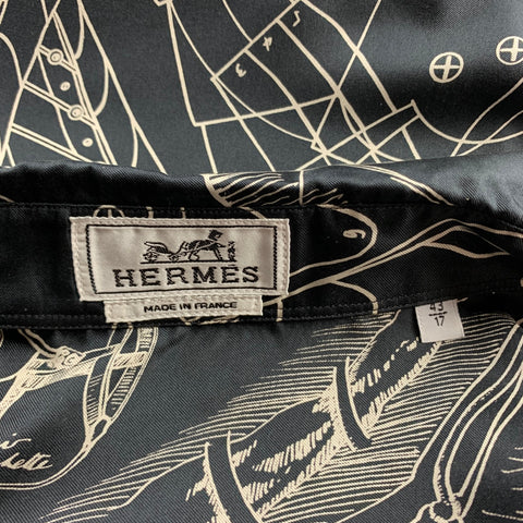 HERMES Le Pegase d'Hermes by Christian Renonciat Size L Black & Beige Print Silk Button Up Long Sleeve Shirt