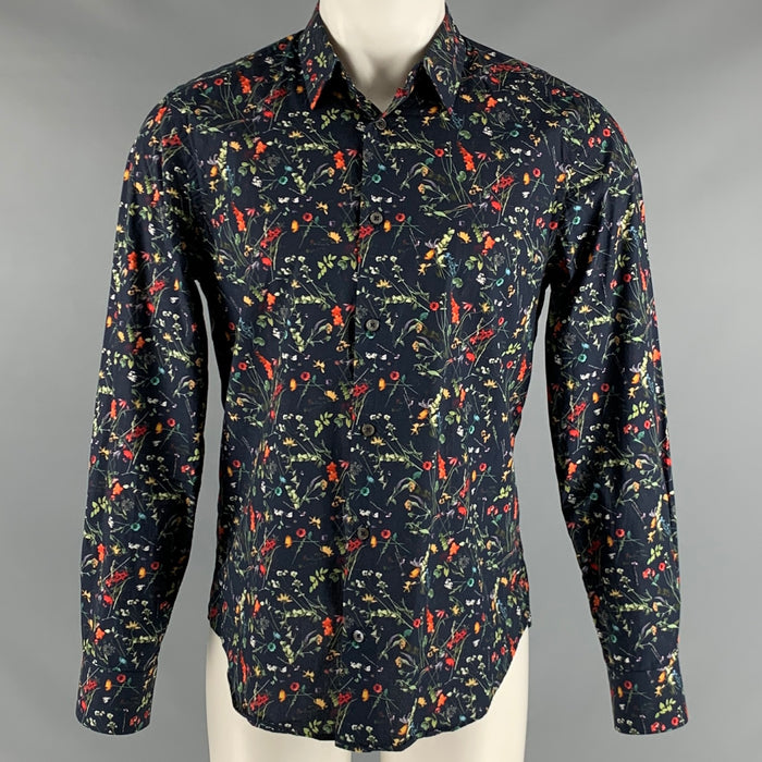 PAUL SMITH Talla M Camisa de manga larga de algodón floral multicolor azul marino