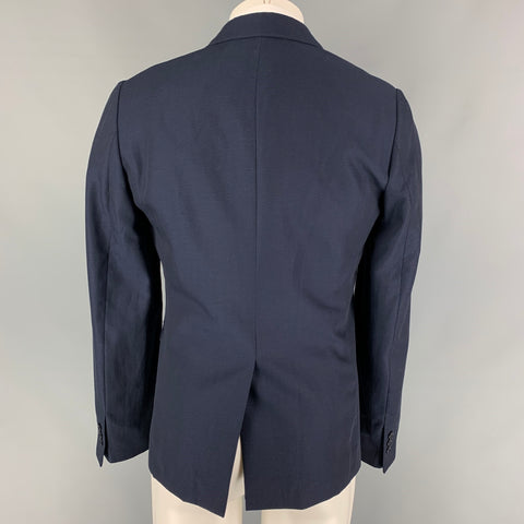 CARVEN Size 40 Navy Textured Wool Linen Peak Lapel Sport Coat