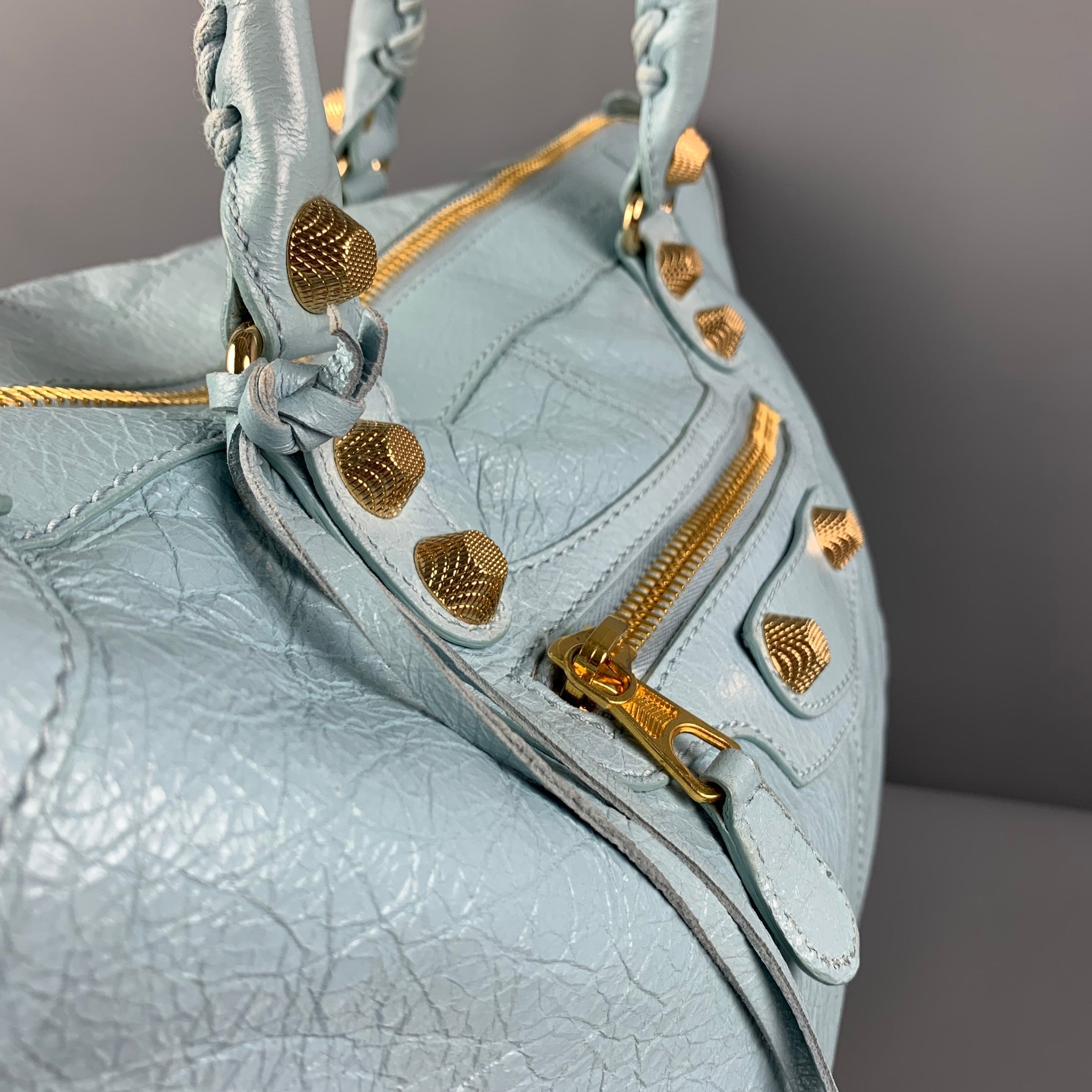 BALENCIAGA Light Blue Gold Tone Hardware Leather Bag – Sui Generis
