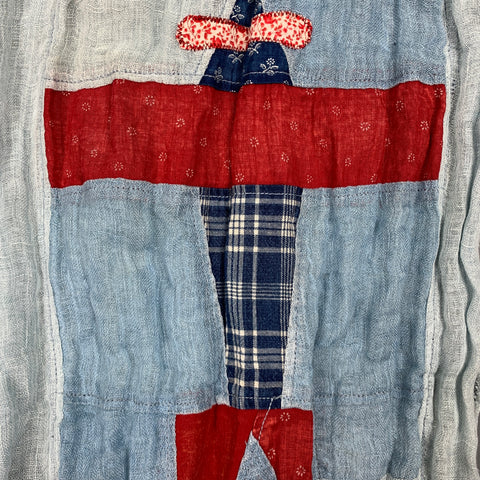 KAPITAL Light Blue Patchwork Linen / Cotton Raw Edged Scarf
