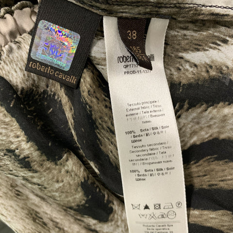 ROBERTO CAVALLI Size 2 Olive Black & White Silk Animal Print Sleeveless Blouse