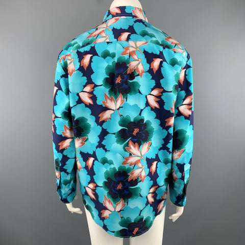 KENZO Size L Aqua Floral Leafs Silk Long Sleeve Shirt