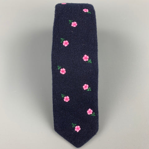 GUCCI Navy Embroidered Floral Knit Narrow Tie