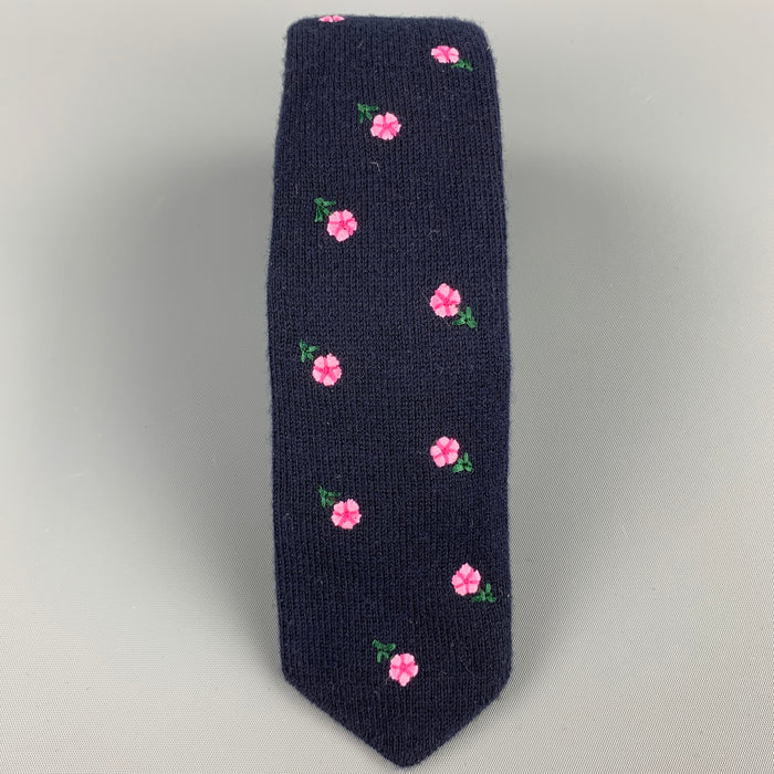 GUCCI Navy Embroidered Floral Knit Narrow Tie