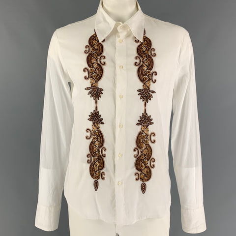 JUST CAVALLI Size XL White Brown Beaded Cotton Button Up Long Sleeve Shirt