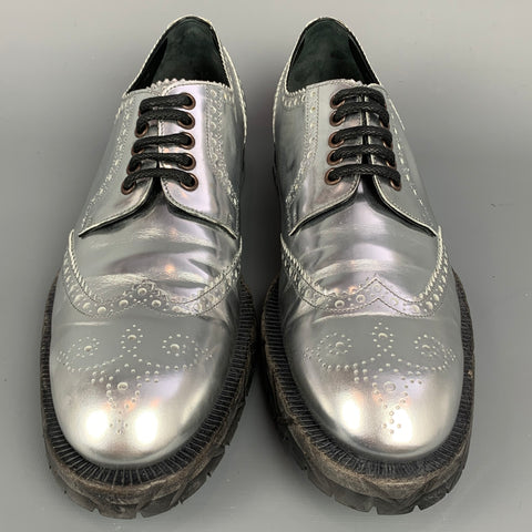 DOLCE & GABBANA Size 11 Silver Metallic Leather Wingtip Lace Up Shoes