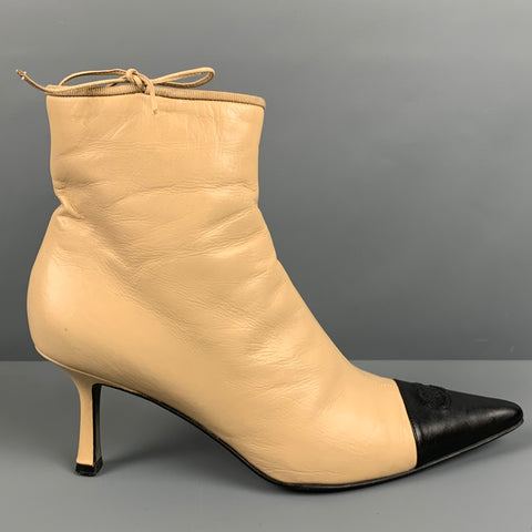 CHANEL Size 9 Beige Black Leather Cap Toe Boots