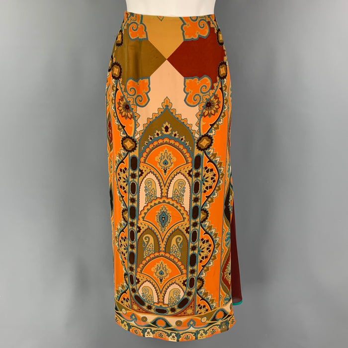 ETRO Size 6 Orange Multi-Color Silk Paisley Long Skirt