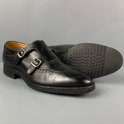 GRAVATI Size 10 Black Perforated Leather Double Monk Strap Lace Up Shoes