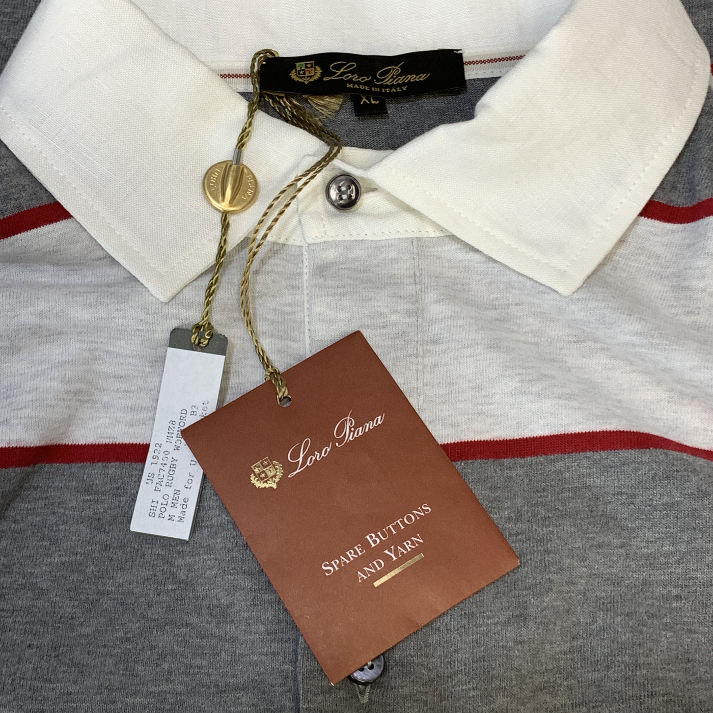 LORO PIANA Size XL Grey & Red Stripe Cotton Buttoned Long Sleeve Rugby Polo