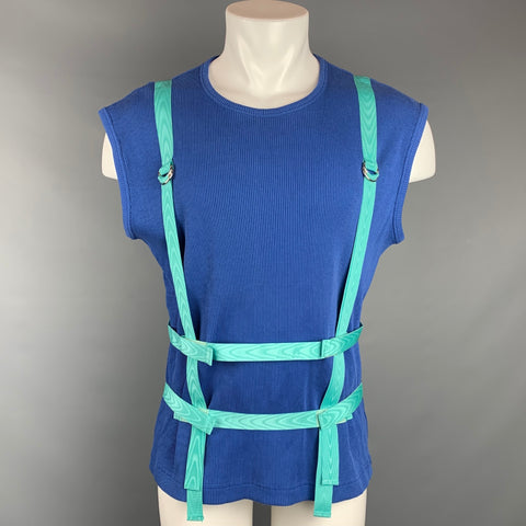 EVEREST ISLES Size L Blue & Aqua Ribbed Cotton Bondage Strap Tank Top
