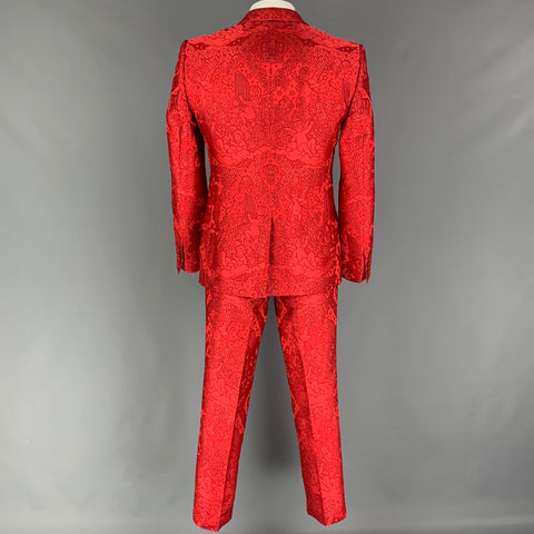DOLCE & GABBANA Sicilia Size 44 Regular Red Jacquard Polyester Notch Lapel 3 Piece Suit