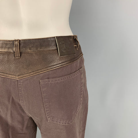 CHANEL Size 10 Brown Cotton Leather Trim Straight Casual Pants