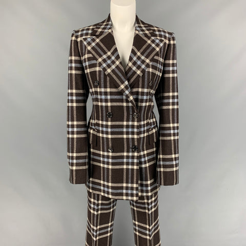 KITON Size 6 Brown & Blue Cashmere Plaid Double Breasted Pants Suit