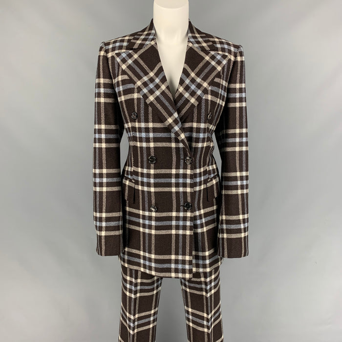 KITON Size 6 Brown & Blue Cashmere Plaid Double Breasted Pants Suit