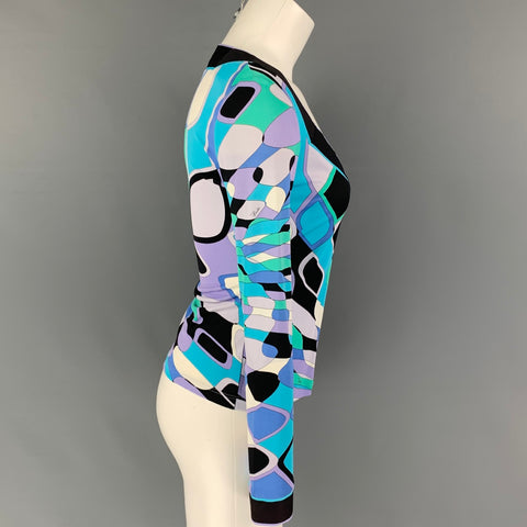 EMILIO PUCCI Size 6 Turquoise Purple Viscose Abstract Long Sleeve Dress Top