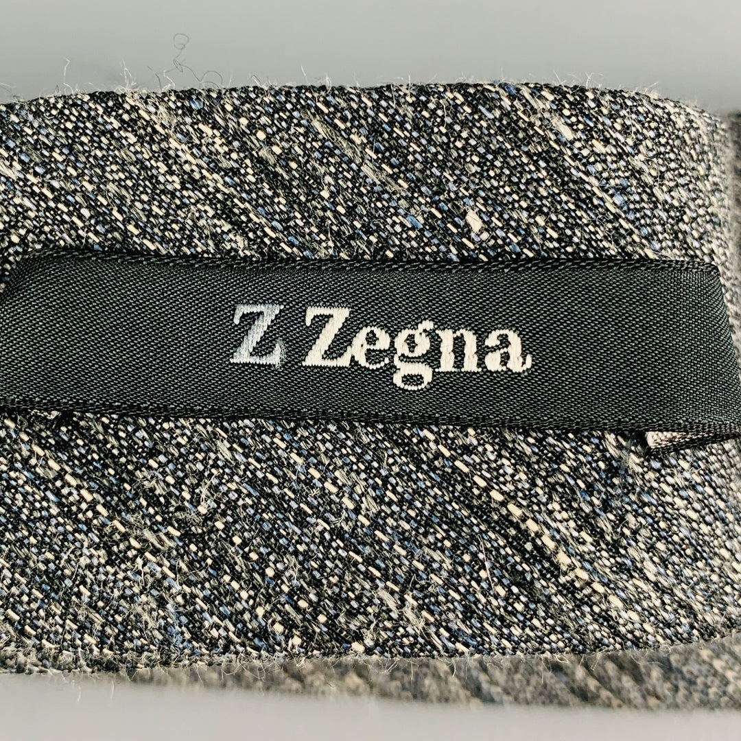ERMENEGILDO ZEGNA Grey White Diagonal Stripe Linen Silk Tie