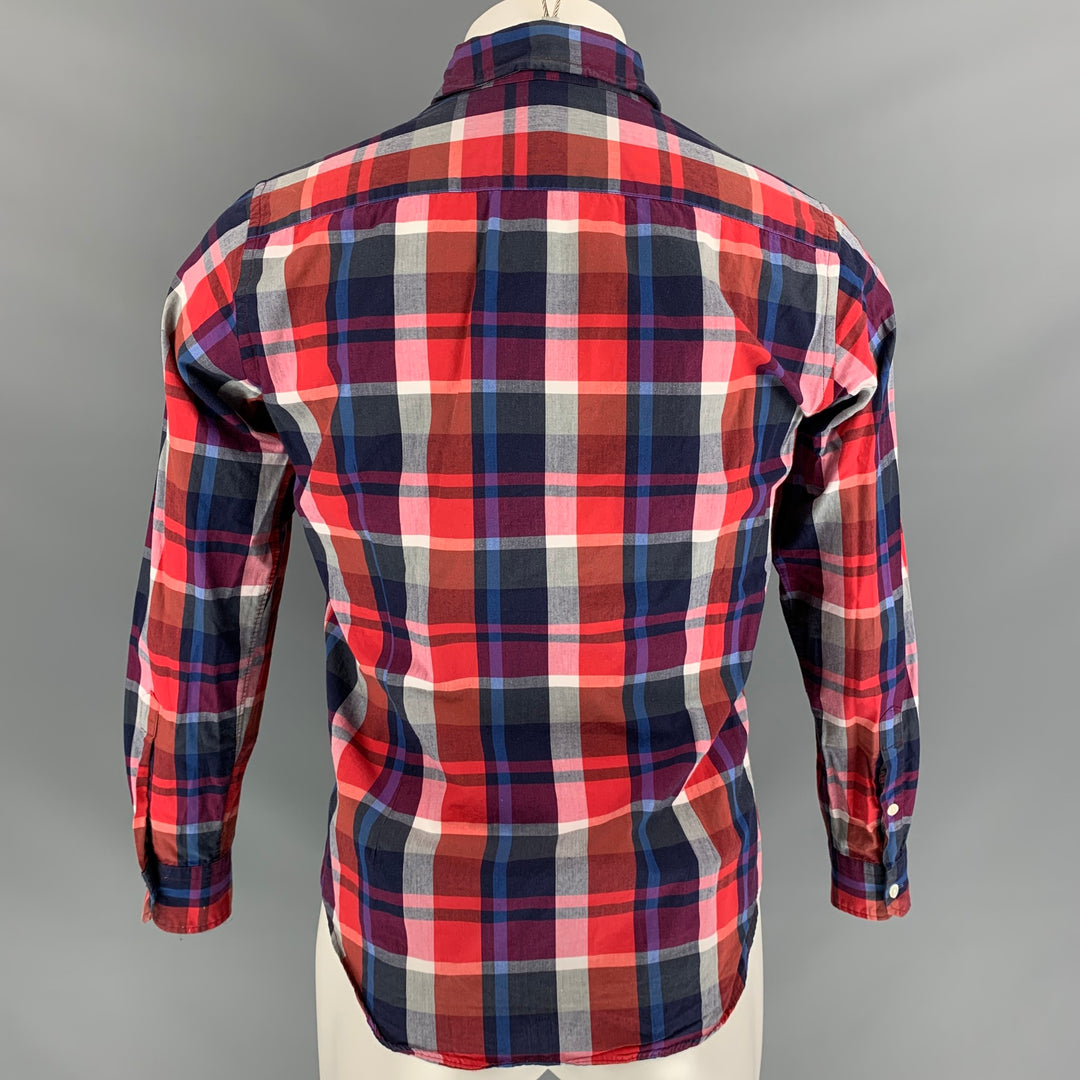 EDIFICE Size S Navy & Red White Madras Cotton Button Down Long Sleeve Shirt