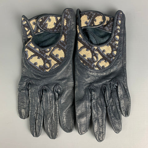 CHRISTIAN DIOR Size 6 Navy Monogram Leather Cream Canvas Driving Gloves