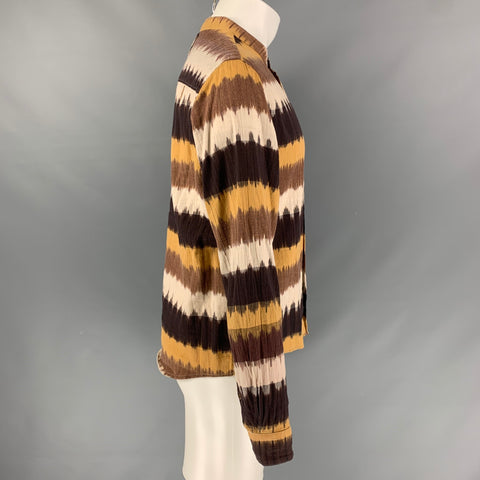 YOU MUST CREATE Size M Brown Beige Stripe Cotton Collarless Long Sleeve Shirt