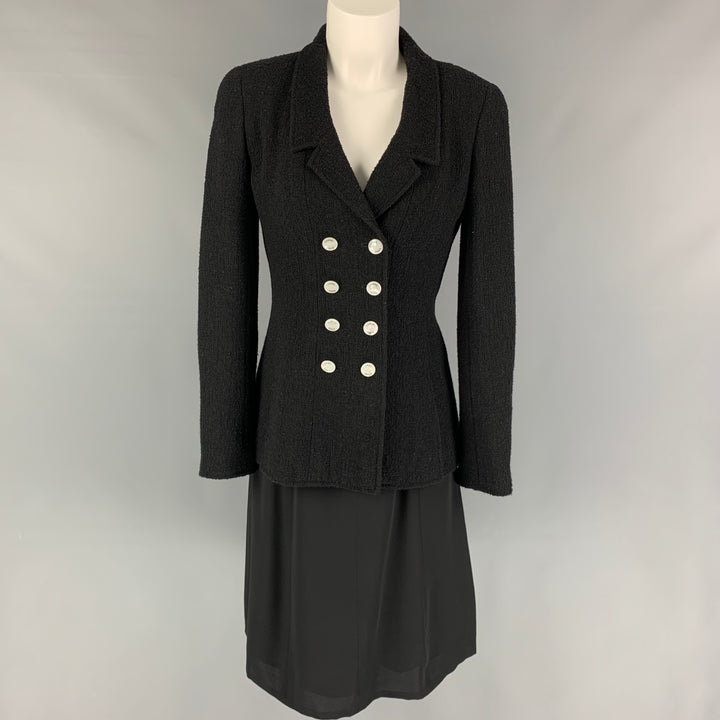 Vintage CHANEL Size 6 Black Textured Wool Nylon Double Breasted Dress Set