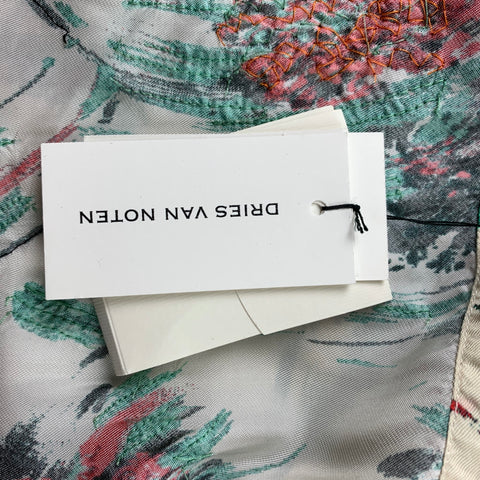 DRIES VAN NOTEN S/S 20 Size XS Beige & Green Beaded Viscose Camp Short Sleeve Shirt