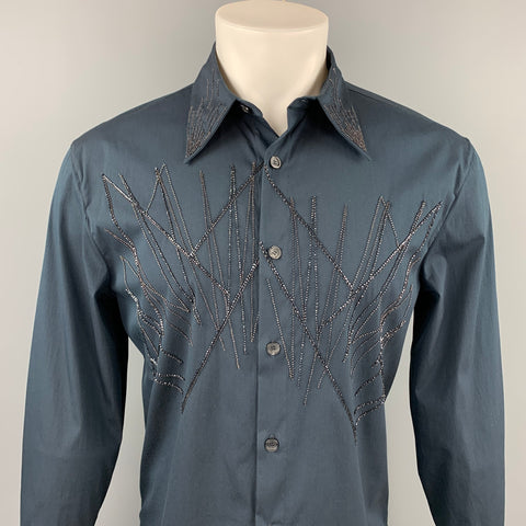 GIANNI VERSACE Size XS Navy Beaded Cotton Blend Button Up Long Sleeve Shirt