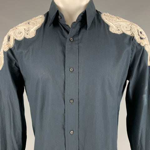 JUST CAVALLI Size M Black White Beaded Cotton Embroidered Long Sleeve Shirt