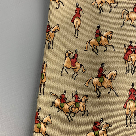HERMES Grey Taupe Equestrian Silk Twill Tie