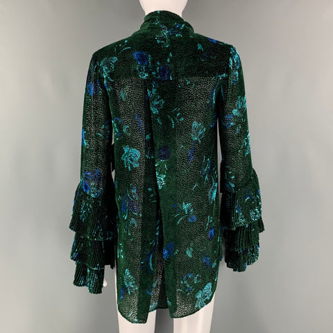 PRABAL GURUNG Size 0 Green Black Viscose  Silk Abstract floral V-Neck Dress Top