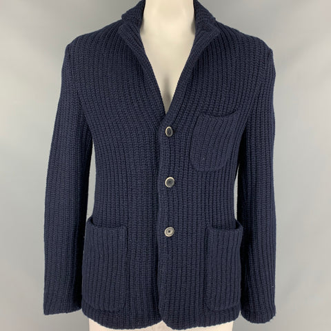 BARENA Taille L Veste en laine tricotée bleu marine avec poche plaquée